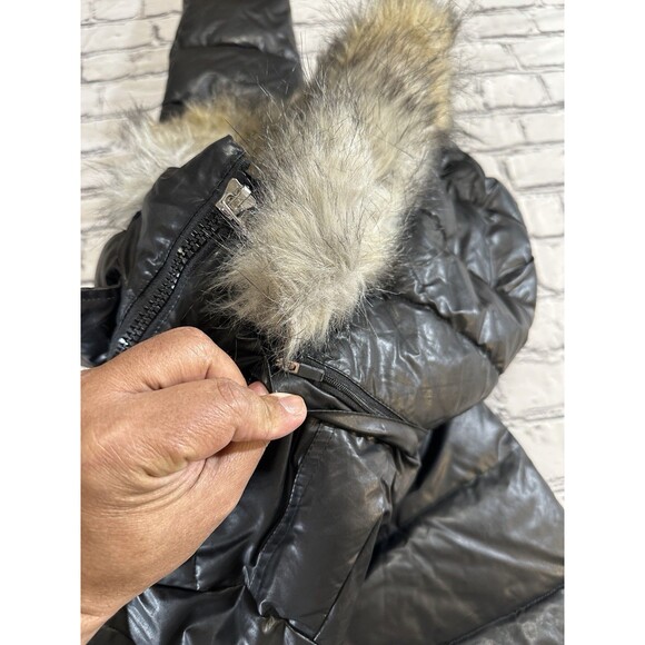 Calvin Klein Women's Puffer Coat M Black Glossy Removable Hood Faux Fur Trim - Picture 13 of 16